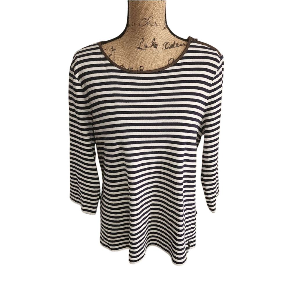 Talbots Womens XL Navy‎ White Striped 3/4 Sleeve Top Vegan Leather Shoulder Zip